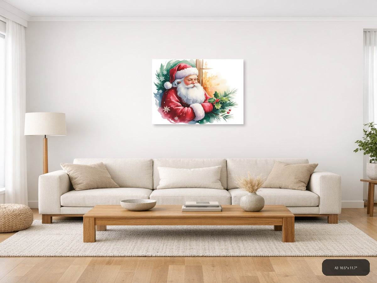 Santa Claus with Holly & Snowflakes Watercolor Wall Art — A3 / Living Room