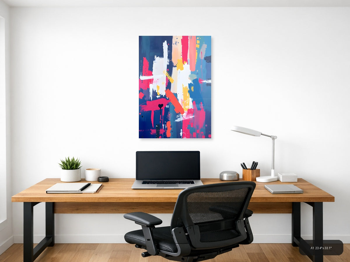Vibrant Abstract Paint Splatter Blue Pink Yellow Wall Art — A1 / Office
