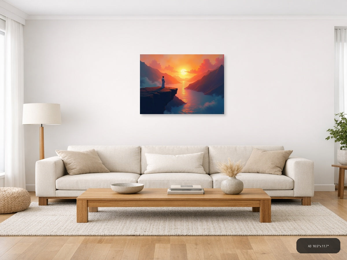 Sunset Mountain Valley Abstract Landscape Wall Art — A3 / Living Room