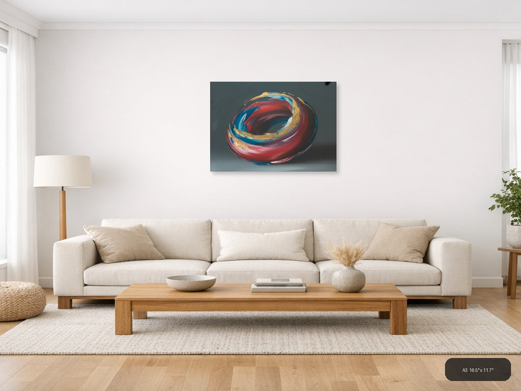 Red Blue Gold Abstract Swirl Circle Modern Wall Art — A3 / Living Room