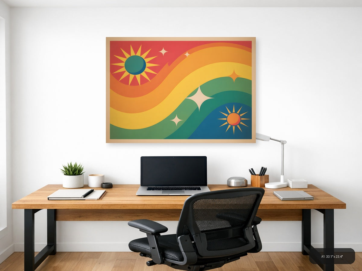 Vintage Sunset Landscape with Suns & Stars Wall Art — A1 / Office