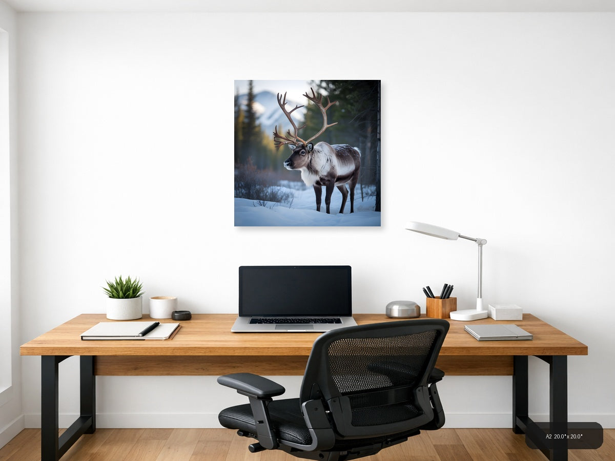 Majestic Reindeer in Snow Winter Forest Photography Wall Art — A2 / Office