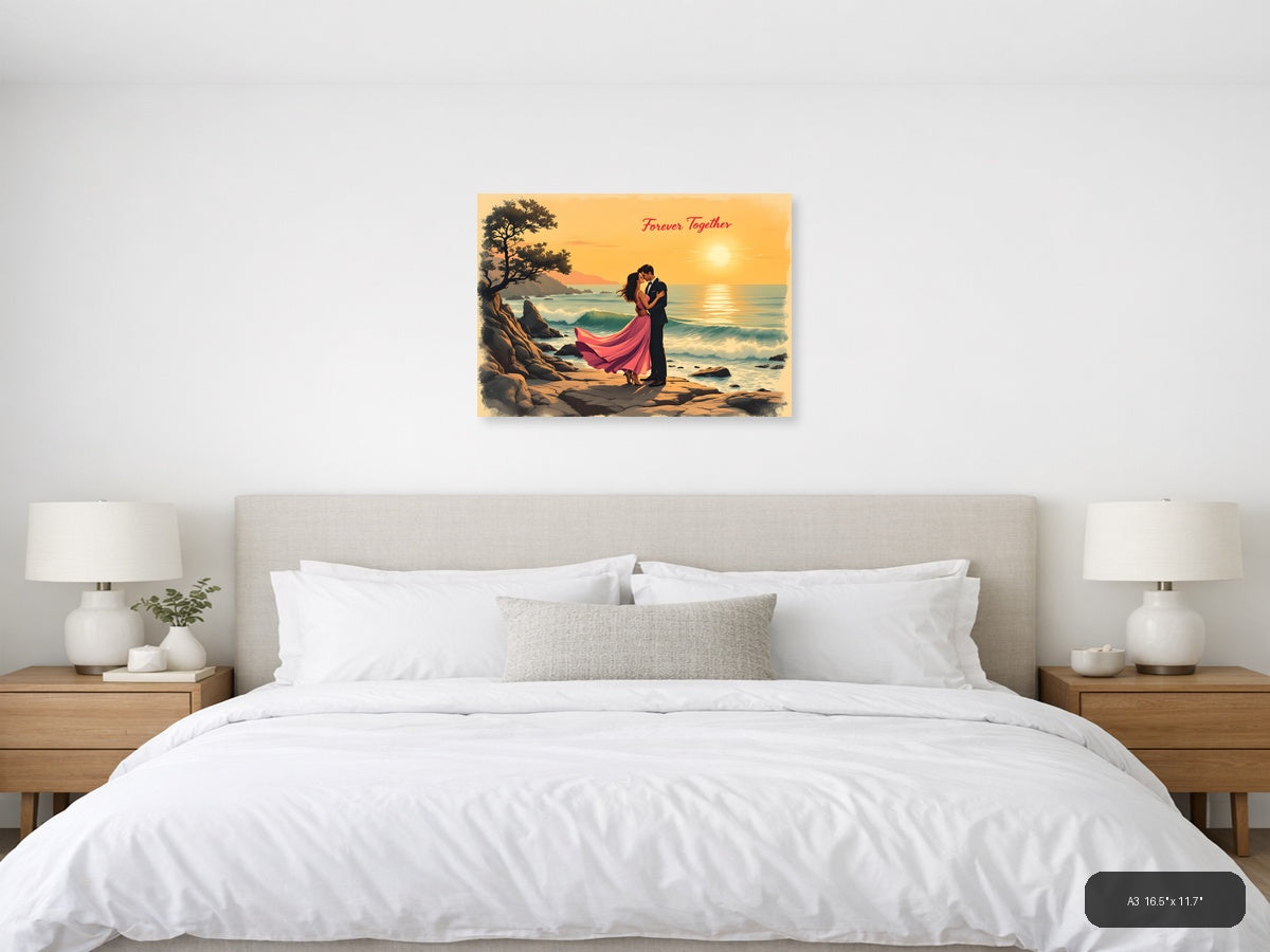 Forever Together Couple Beach Sunset Vintage Wall Art — A3 / Bedroom