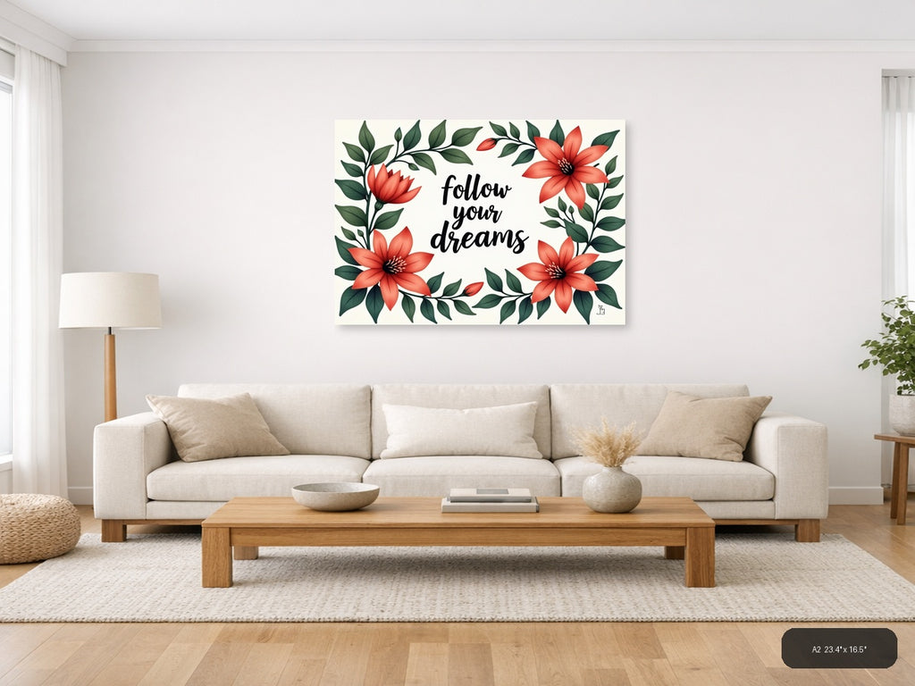 Follow Your Dreams Floral Botanical Red Flowers Wall Art — A2 / Living Room