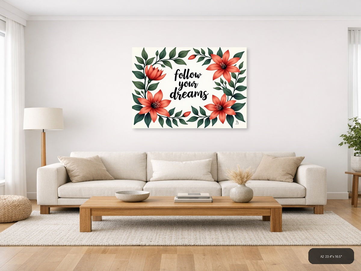 Follow Your Dreams Floral Botanical Red Flowers Wall Art — A2 / Living Room