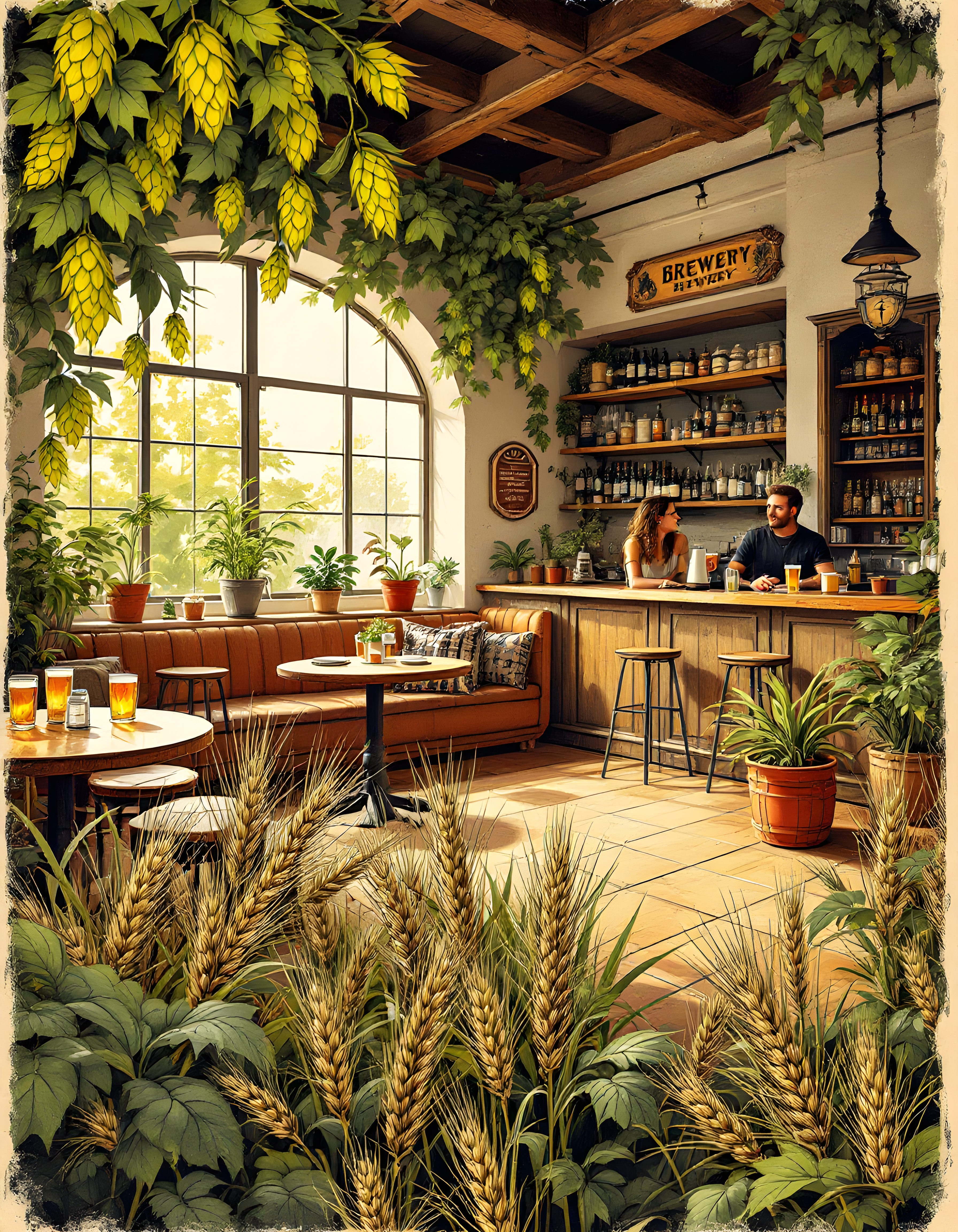 Vintage Brewery Taproom Interior Illustration Wall Art