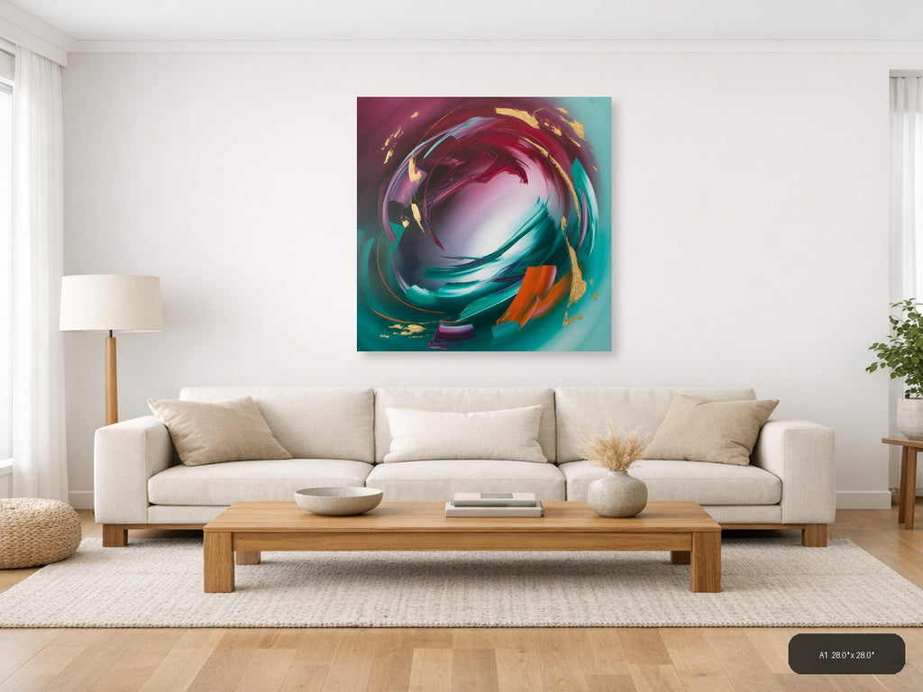 Abstract Swirl in Teal, Magenta & Gold Wall Art — A1 / Living Room