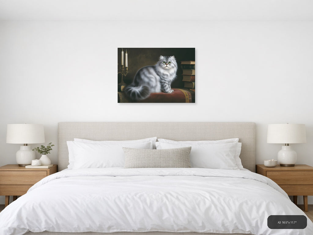 White Fluffy Cat with Green Eyes Portrait Photography Wall Art — A3 / Bedroom