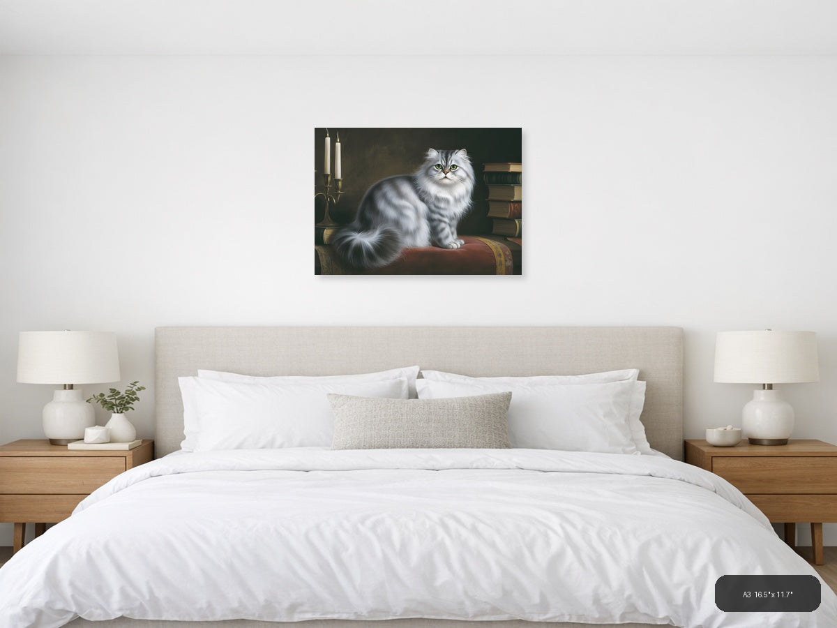 White Fluffy Cat with Green Eyes Portrait Photography Wall Art — A3 / Bedroom