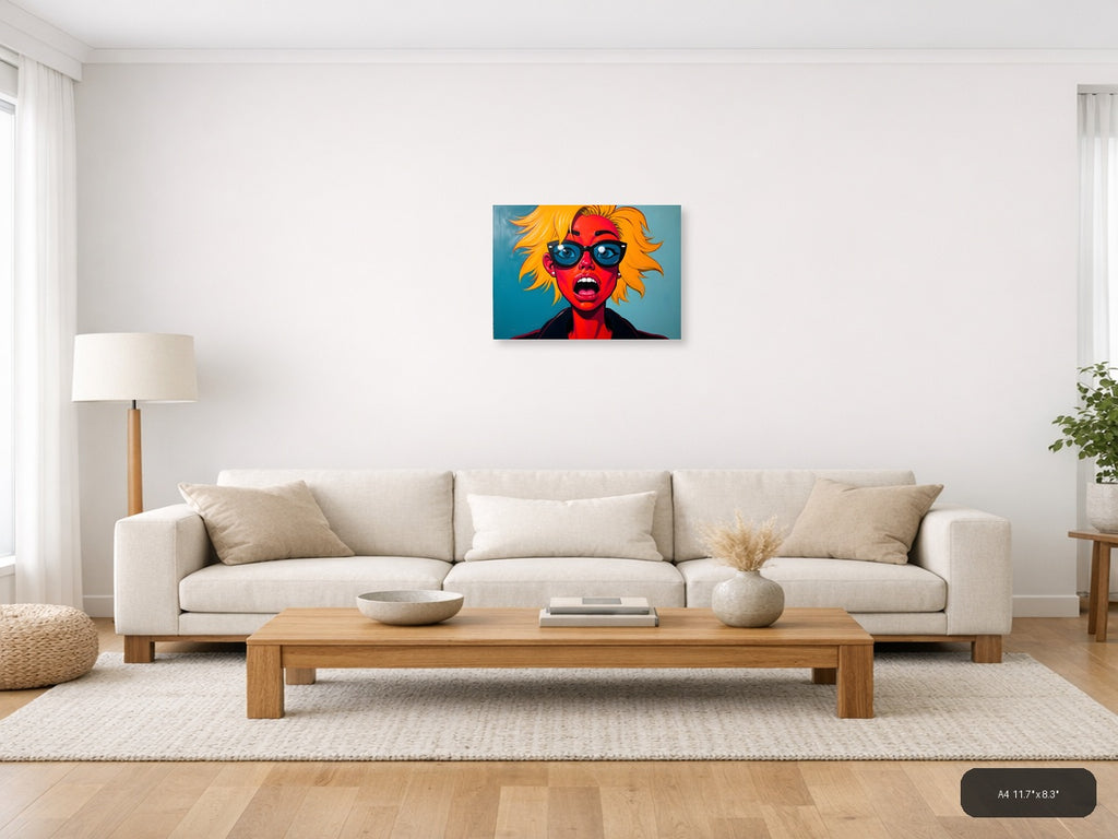 Bold Red Face Yellow Hair Pop Art Abstract Wall Art — A4 / Living Room