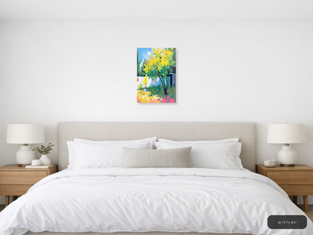 Vibrant Garden Oasis Abstract Yellow Flowers Wall Art — A3 / Bedroom