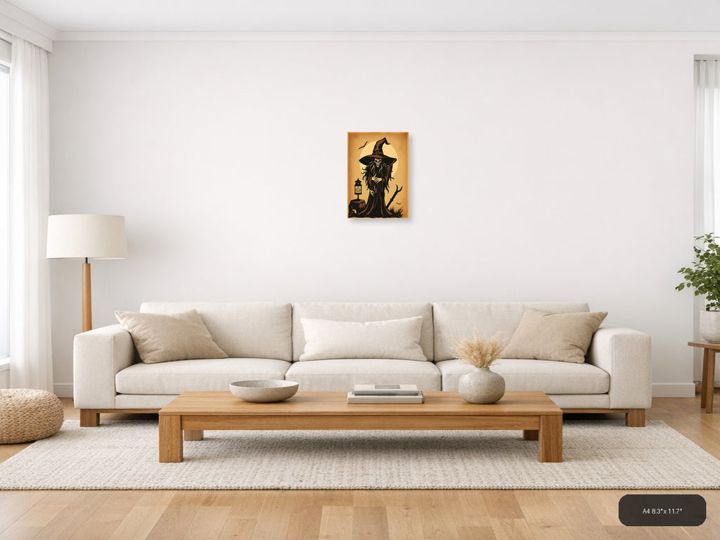 Vintage Skeleton Witch with Hat Moon Wall Art — A4 / Living Room