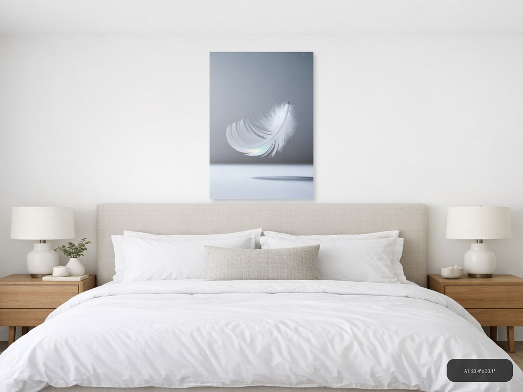 White Feather with Iridescent Light - Minimalist Wall Art — A1 / Bedroom