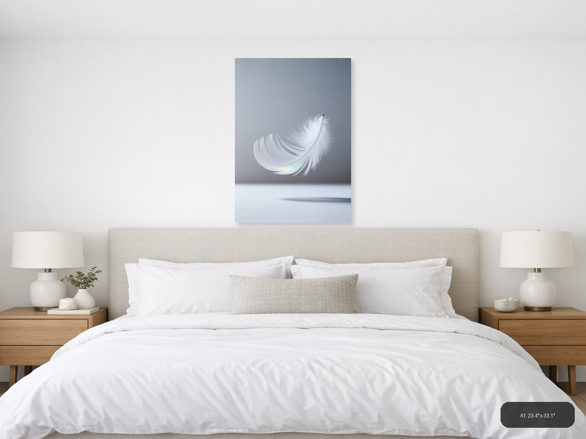 White Feather with Iridescent Light - Minimalist Wall Art — A1 / Bedroom