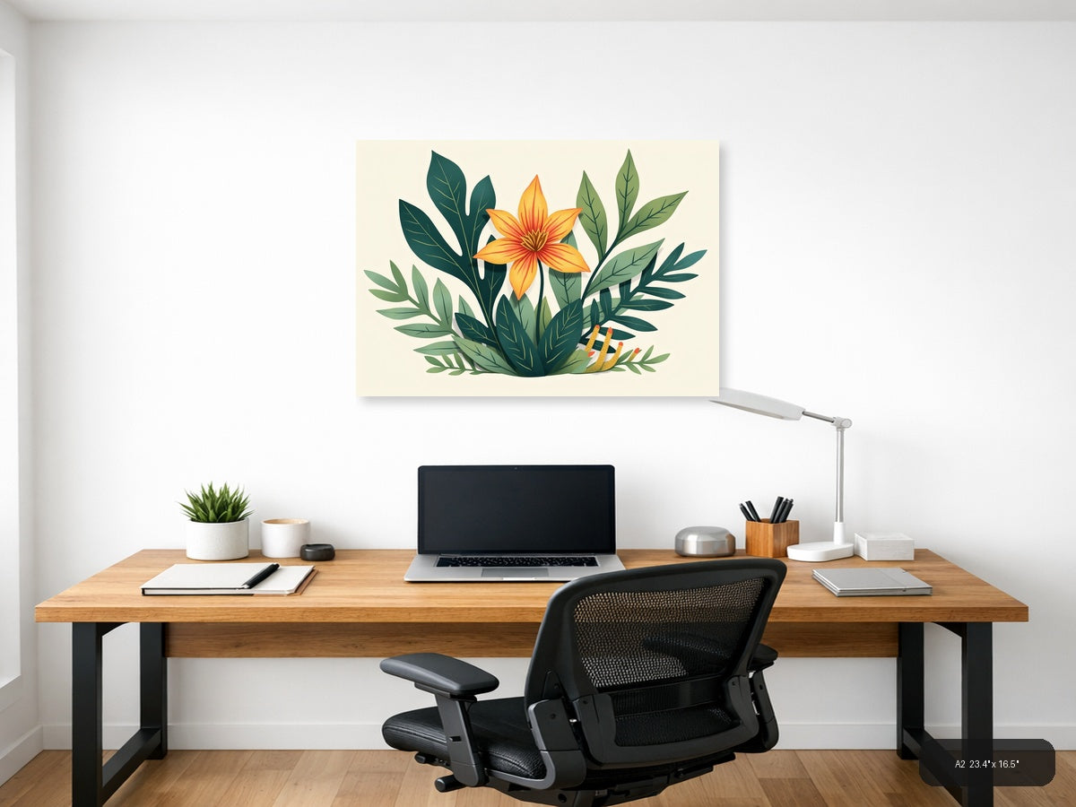 Botanical Orange Flower with Green Leaves Wall Art — A2 / Office
