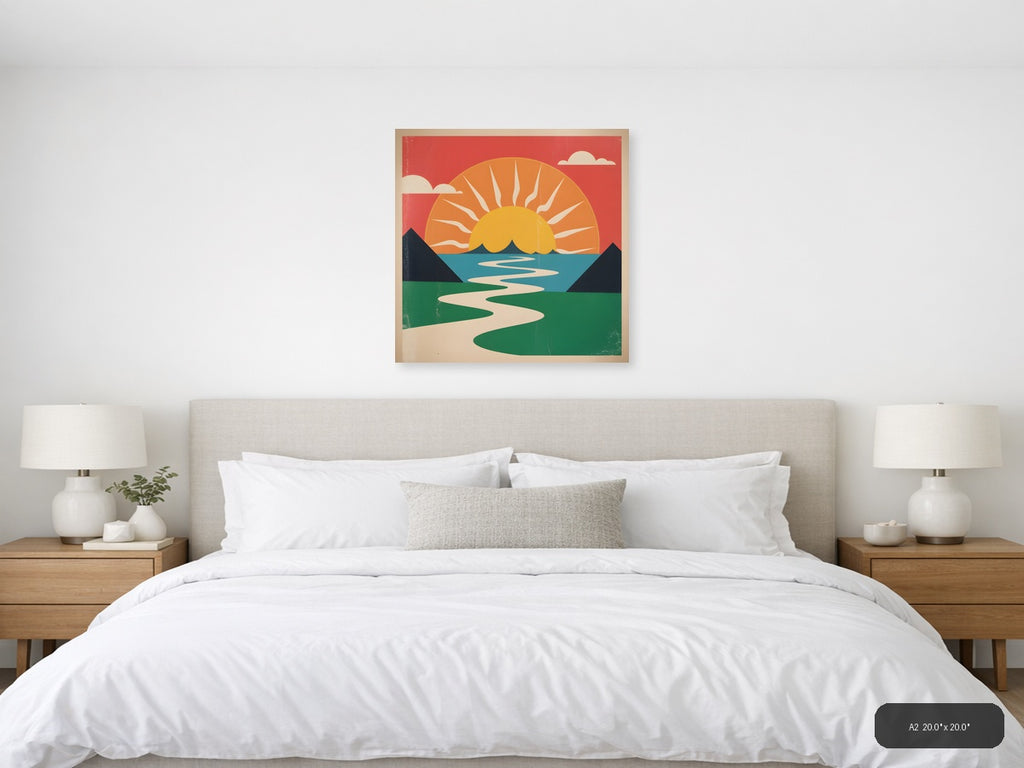 Vintage Sunset Landscape with River - Retro Wall Art — A2 / Bedroom