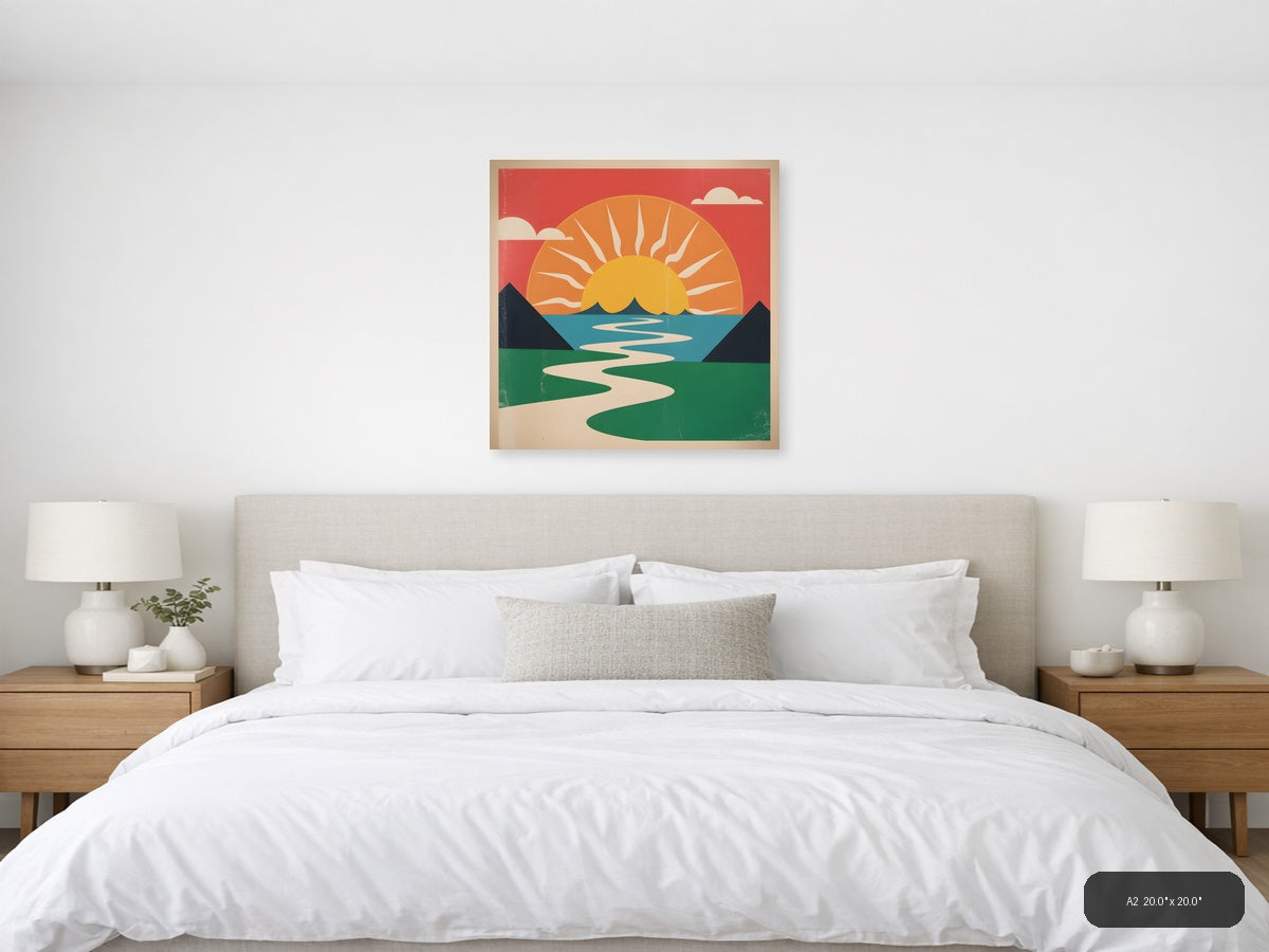 Vintage Sunset Landscape with River - Retro Wall Art — A2 / Bedroom