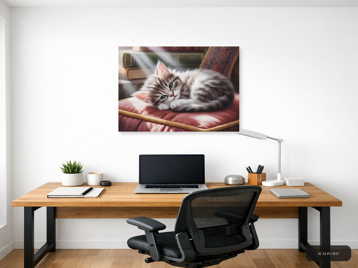 Fluffy White Cat Watercolor Portrait Wall Art — A2 / Office