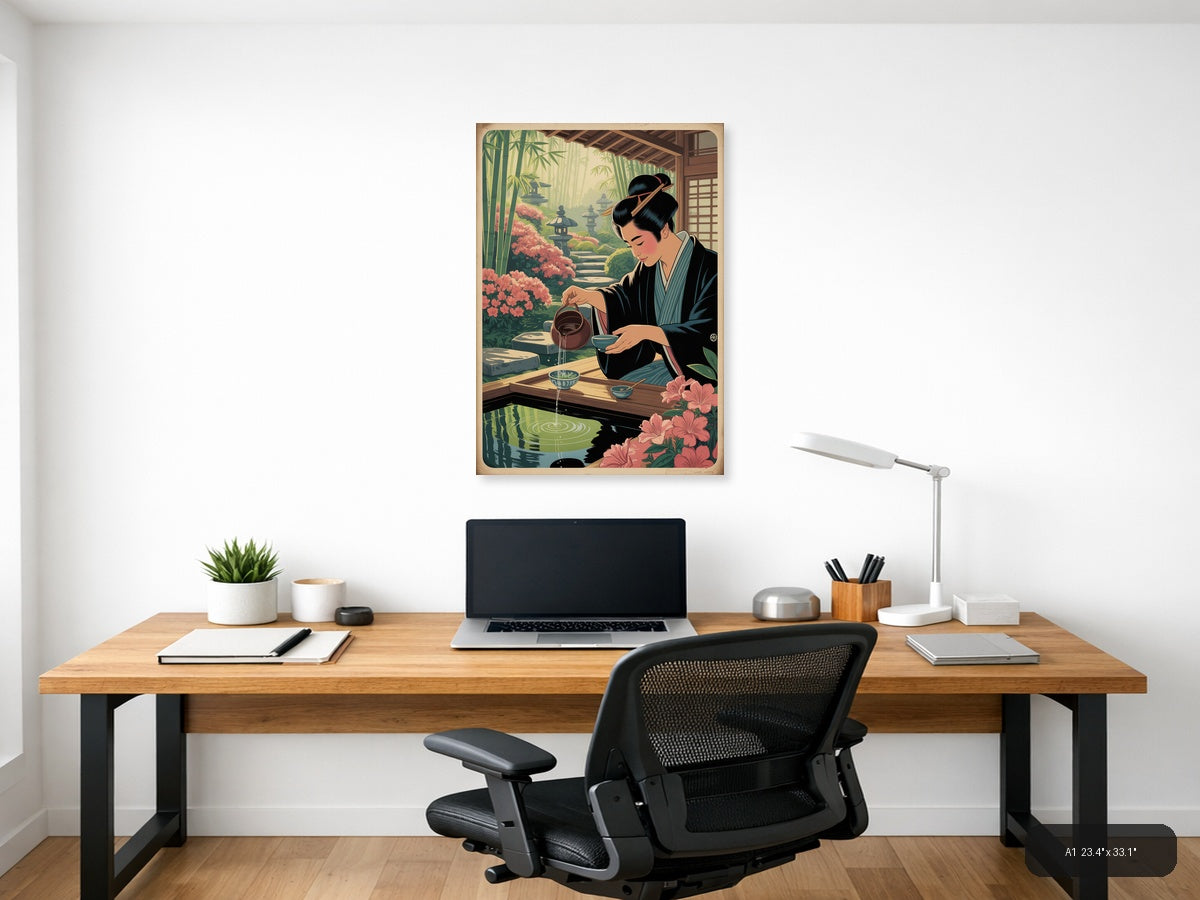 Japanese Woman Pouring Tea in Garden - Vintage Wall Art — A1 / Office