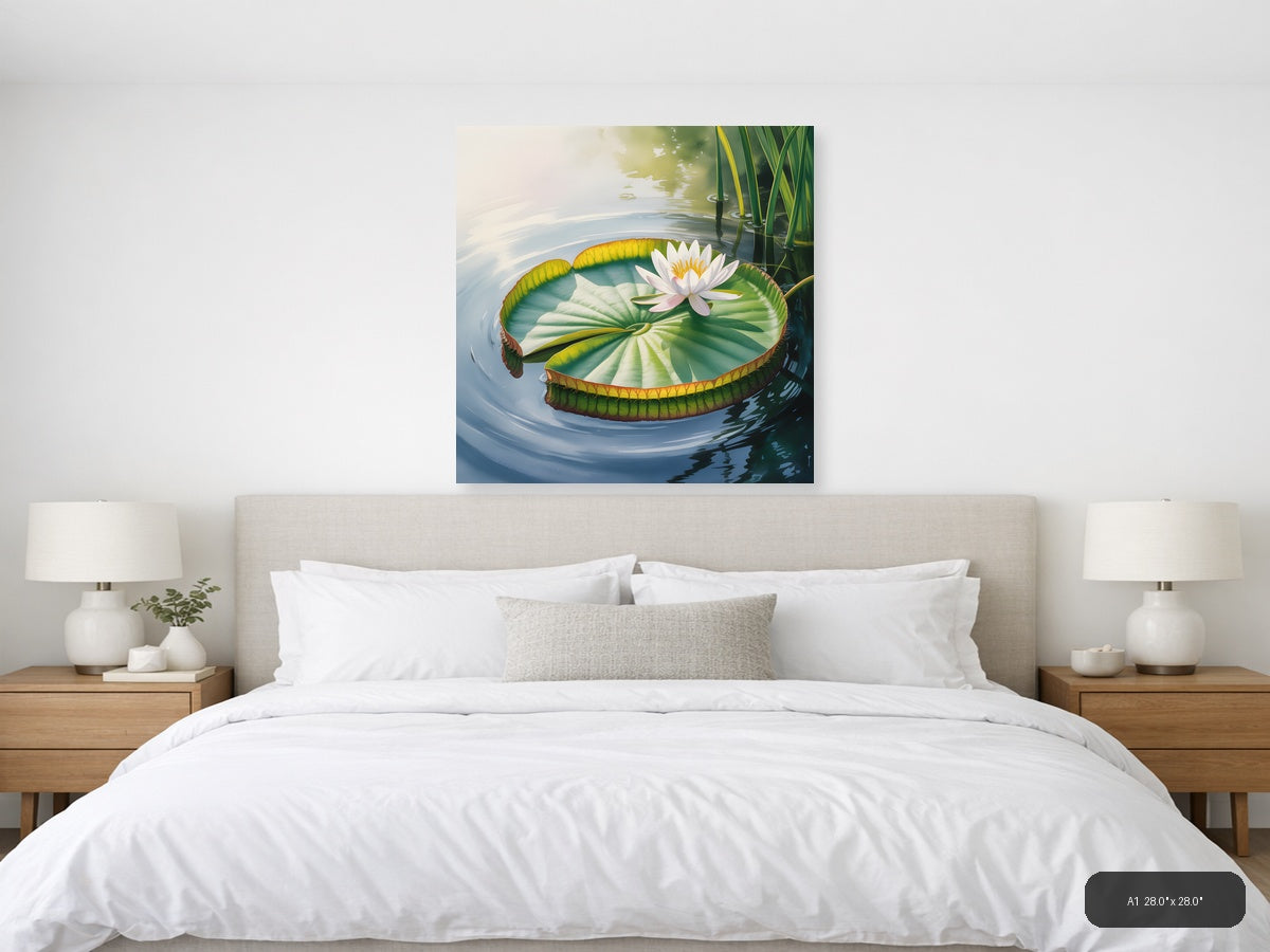 White Water Lily on Giant Leaf Watercolor Wall Art — A1 / Bedroom
