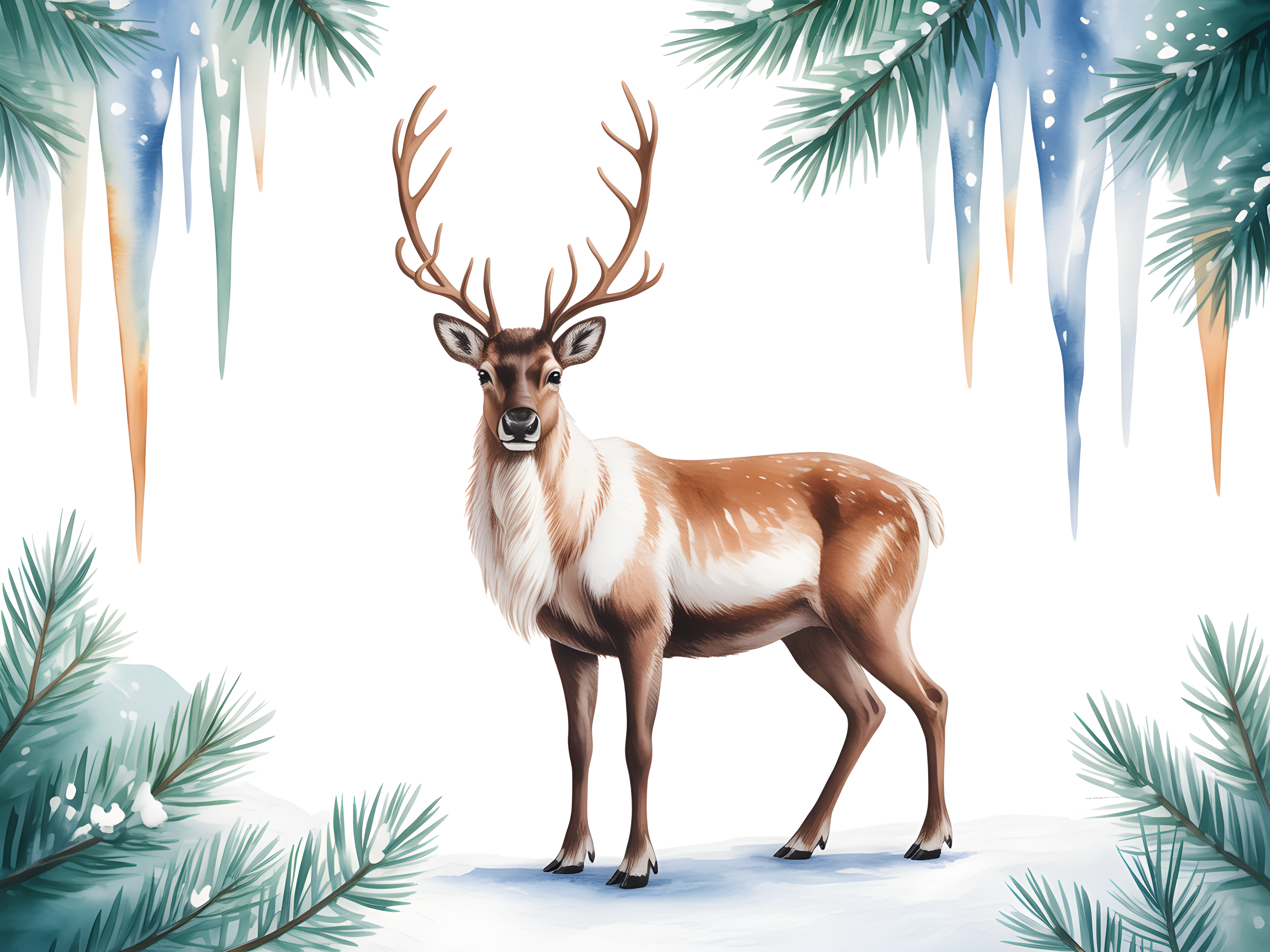 Winter Reindeer with Pine Branches Watercolor Wall Art
