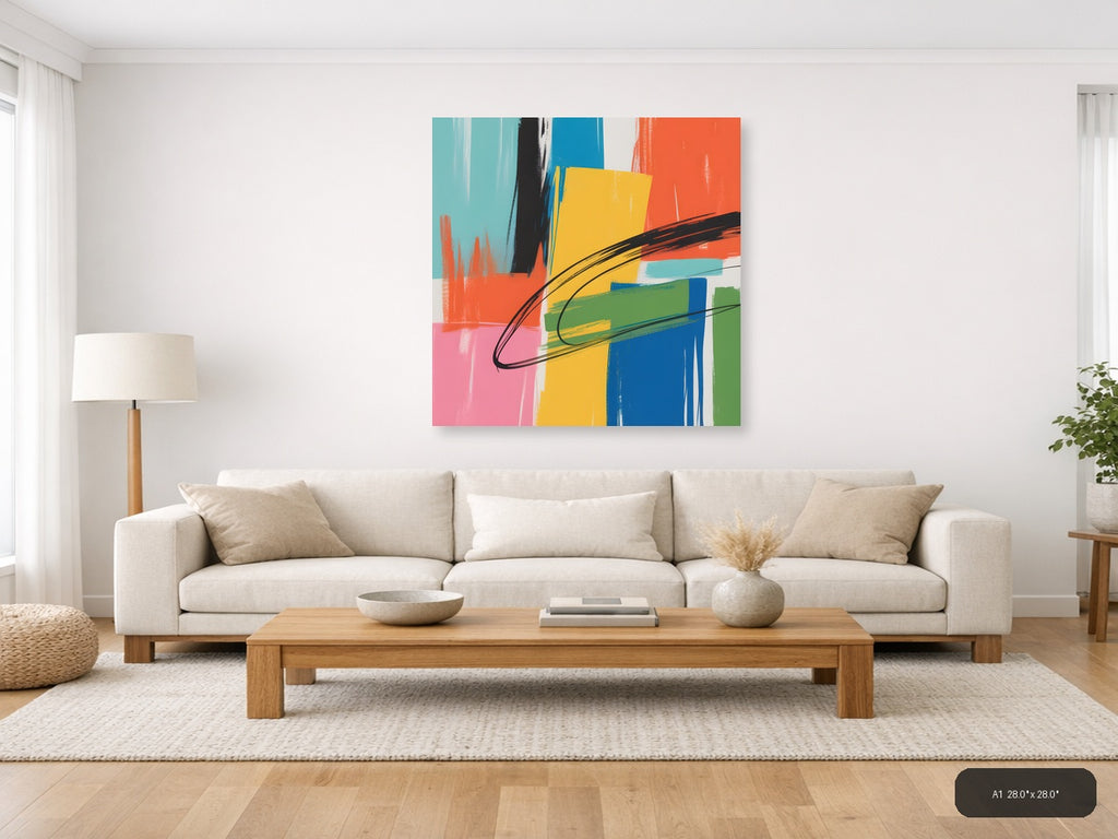 Vibrant Abstract Geometric Brushstrokes Square Wall Art — A1 / Living Room
