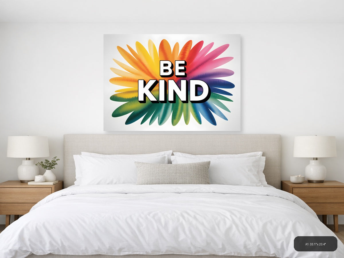 Be Kind Watercolor Rainbow Sunburst Wall Art — A1 / Bedroom