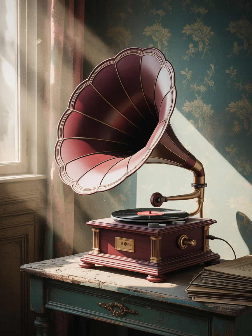 Vintage Gramophone with Floral Wallpaper Wall Art