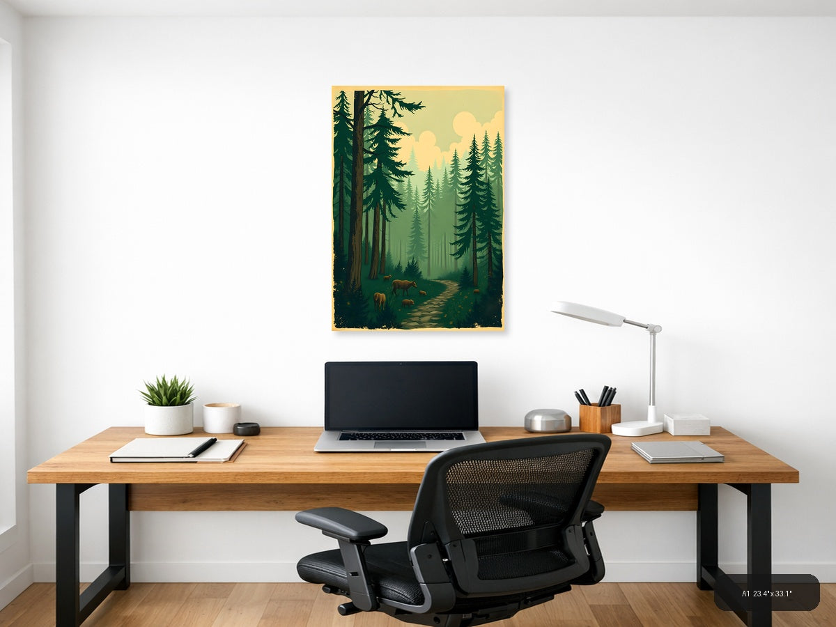 Vintage Forest Path with Deer - Evergreen Trees Wall Art — A1 / Office