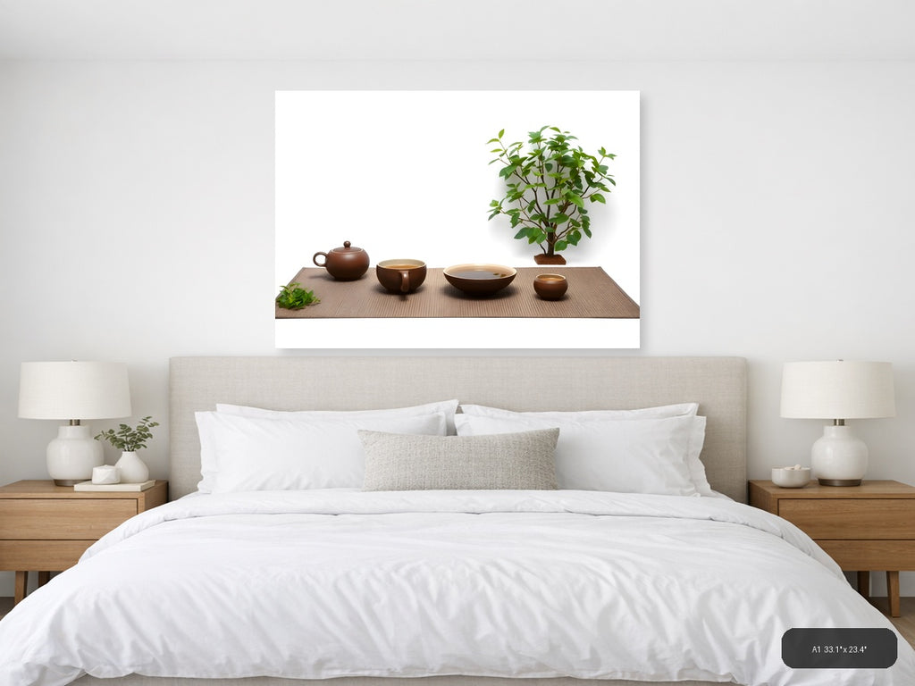 Minimalist Tea Ceremony Setup with Green Plant Wall Art — A1 / Bedroom