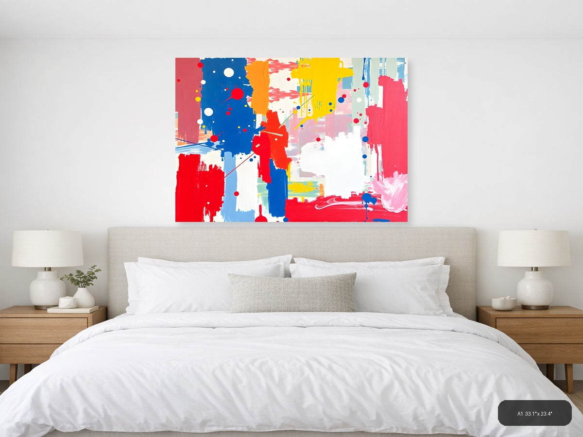 Vibrant Abstract Composition with Red, Blue & Yellow Wall Art — A1 / Bedroom