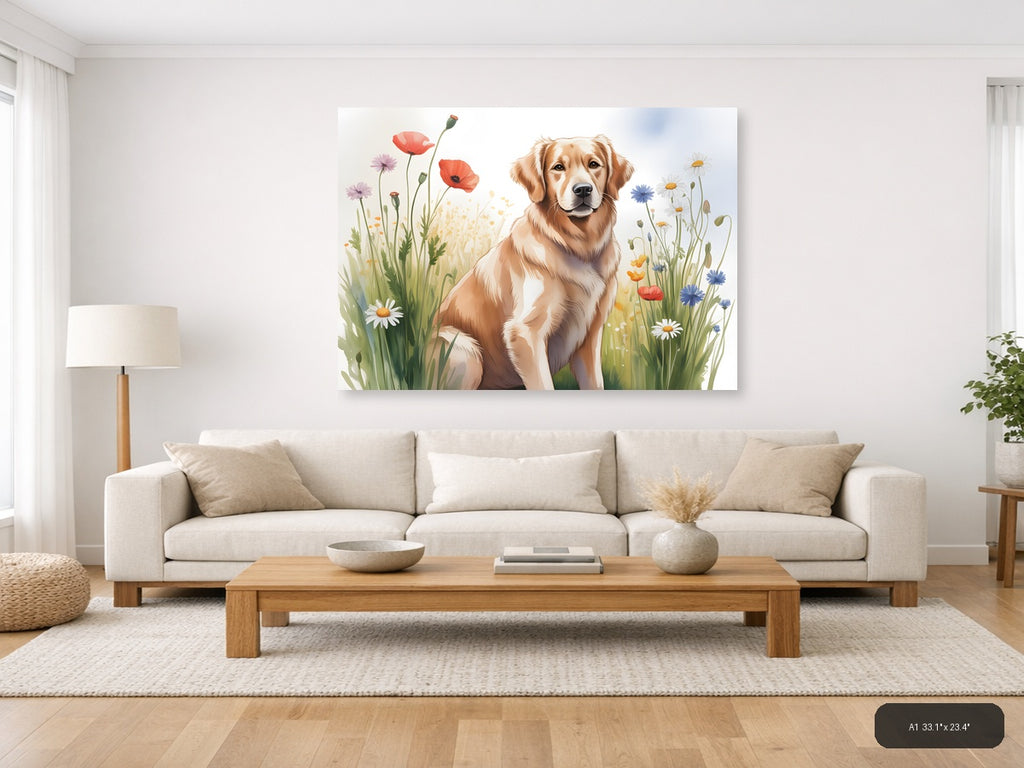 Golden Retriever in Wildflower Field Watercolor Wall Art — A1 / Living Room