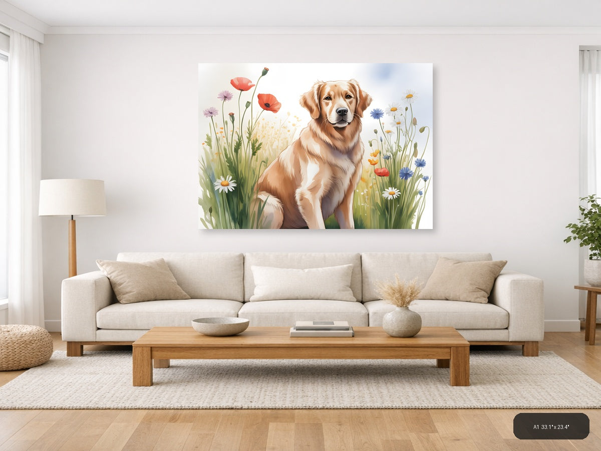 Golden Retriever in Wildflower Field Watercolor Wall Art — A1 / Living Room