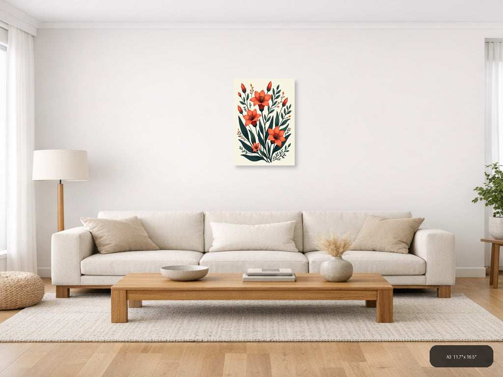 Red Flowers Botanical Illustration Portrait Wall Art — A3 / Living Room