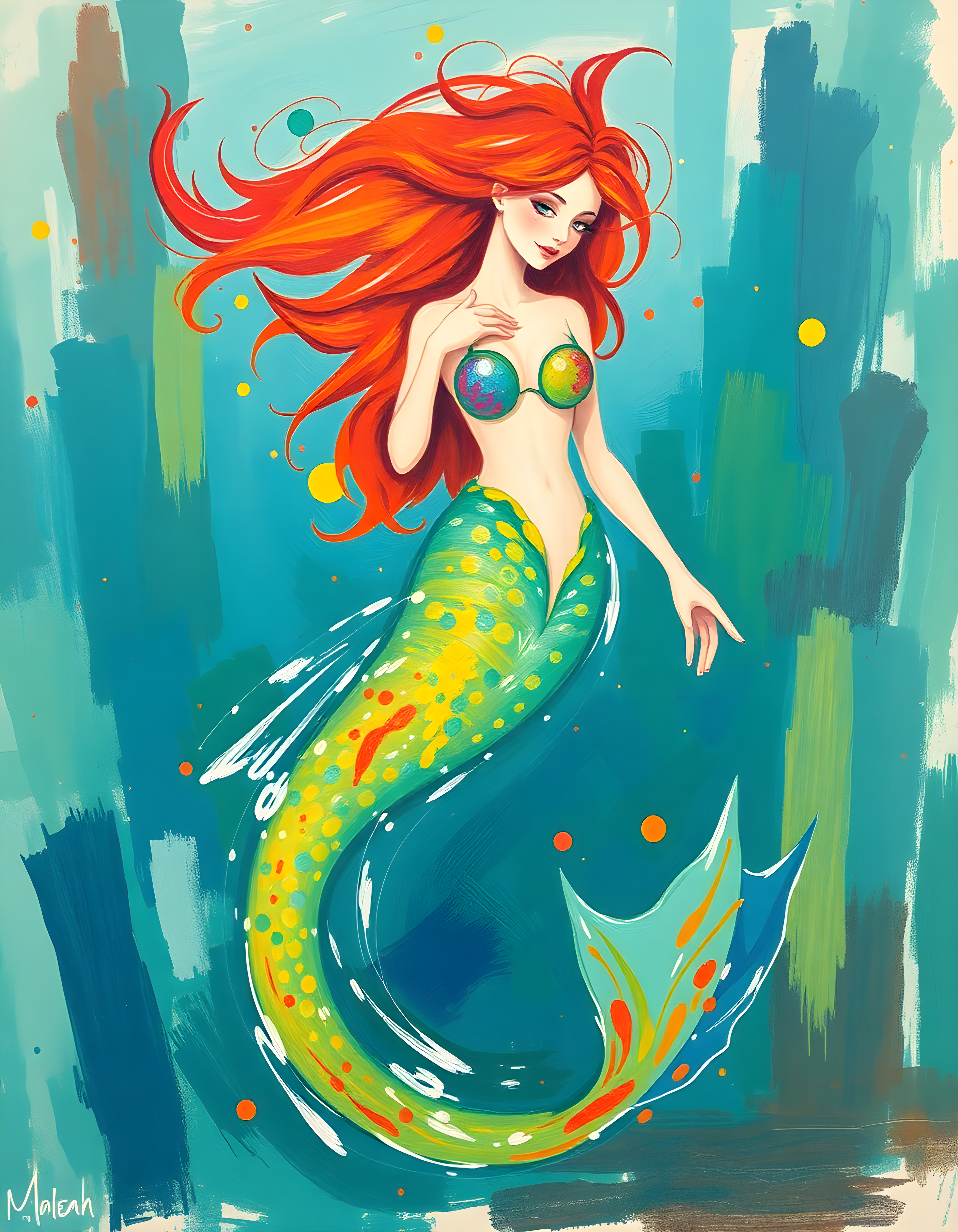 Vibrant Mermaid with Red Hair Abstract Wall Art