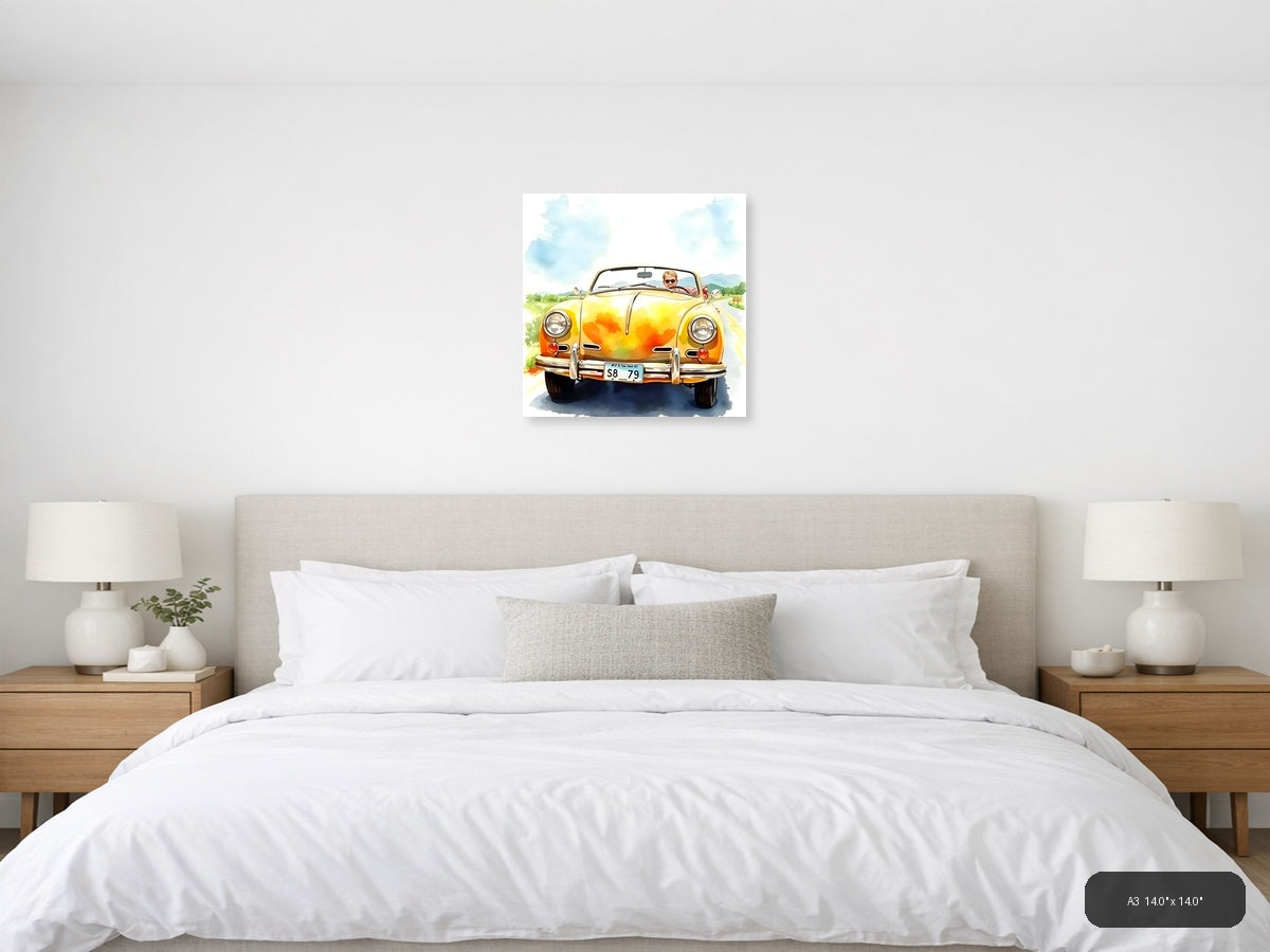 Yellow Convertible Car Watercolor Painting Wall Art — A3 / Bedroom