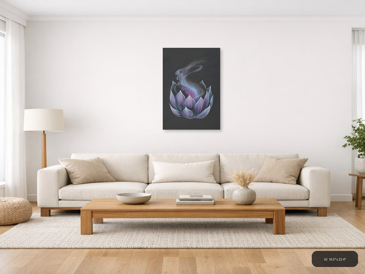 Cosmic Lotus Flower Line Art Galaxy Wall Art — A2 / Living Room