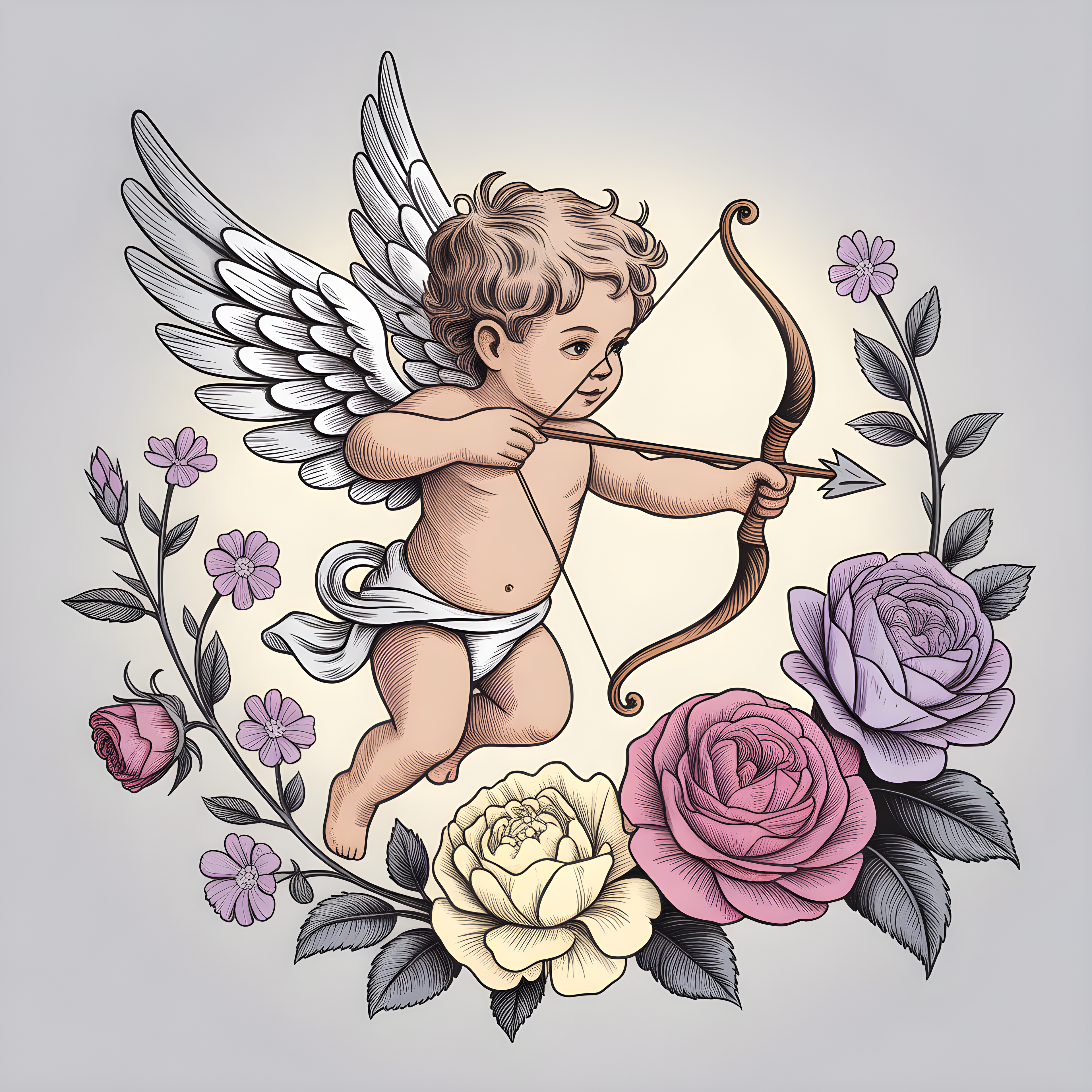 Cupid Angel with Bow and Roses Line Art Wall Art