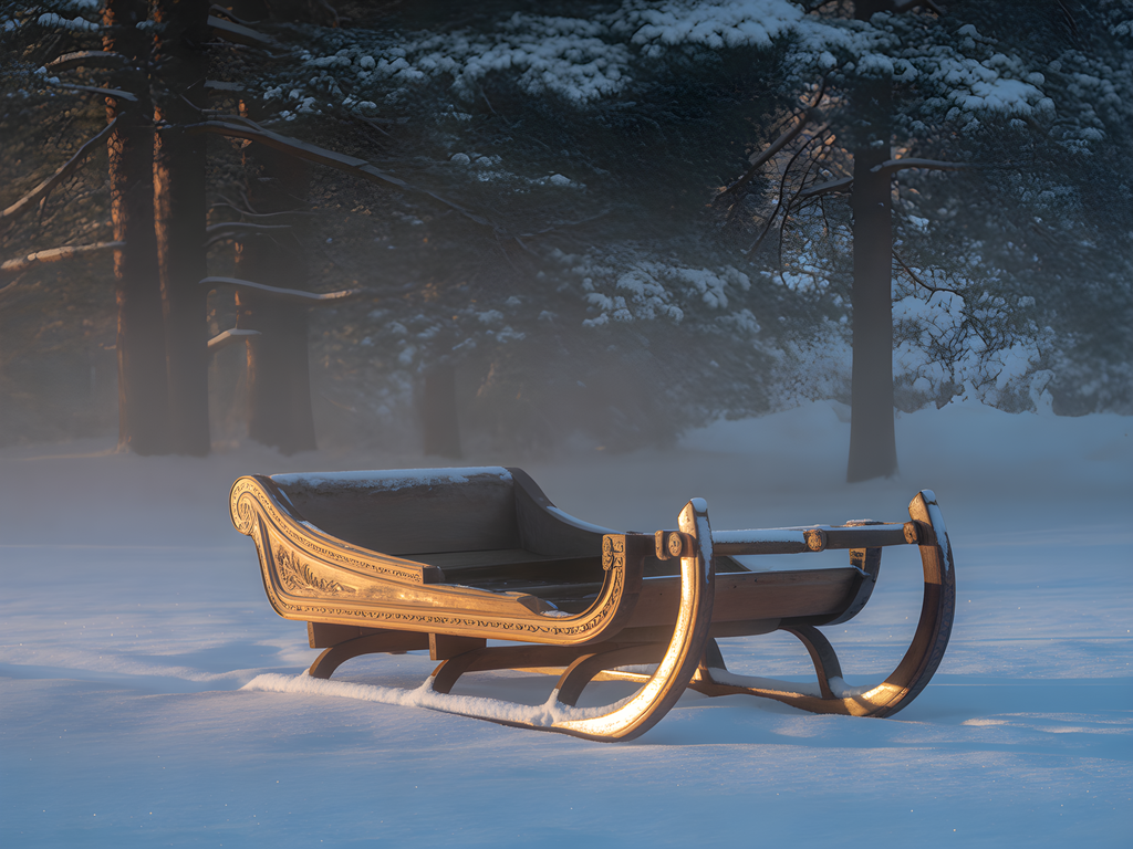 Golden Sleigh in Winter Forest Snow Photography Wall Art