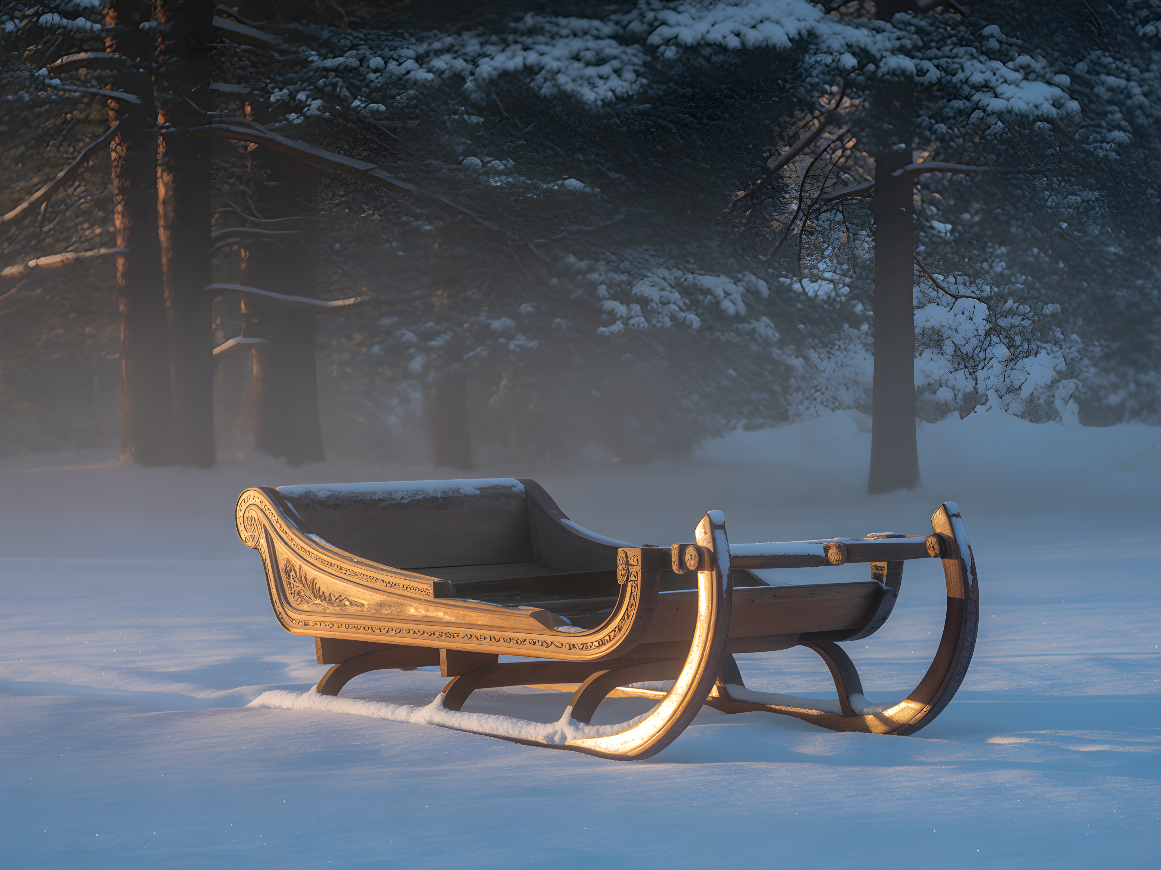 Golden Sleigh in Winter Forest Snow Photography Wall Art