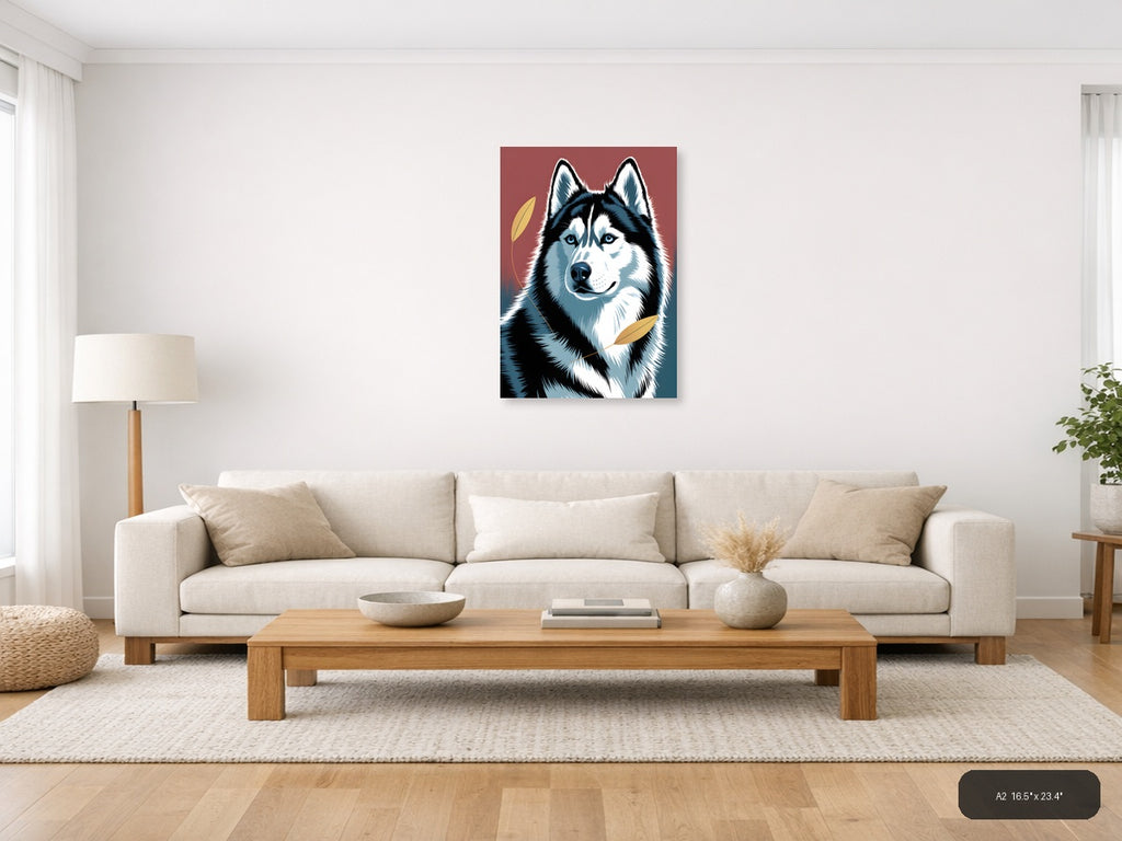Black and White Husky Portrait with Gold Leaves Wall Art — A2 / Living Room