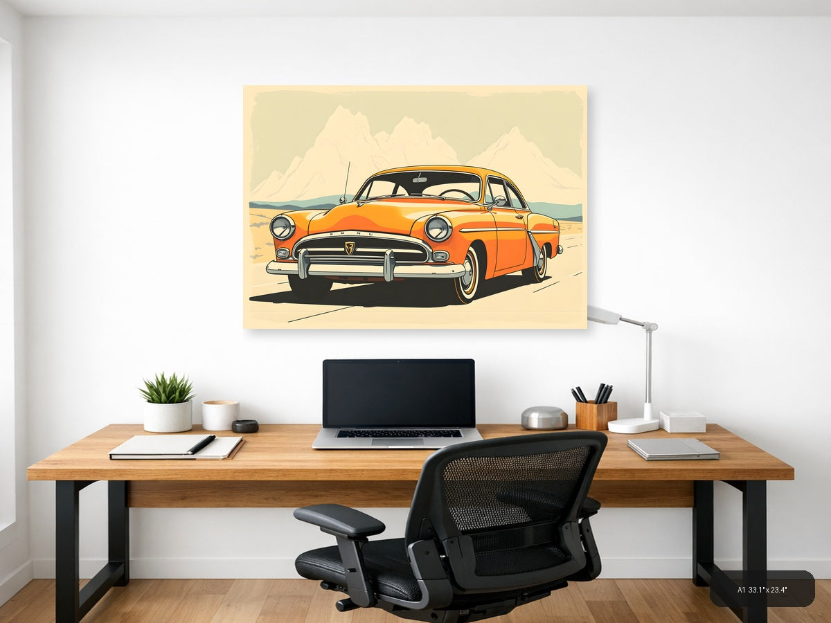Orange Vintage Car Desert Mountain Landscape Wall Art — A1 / Office