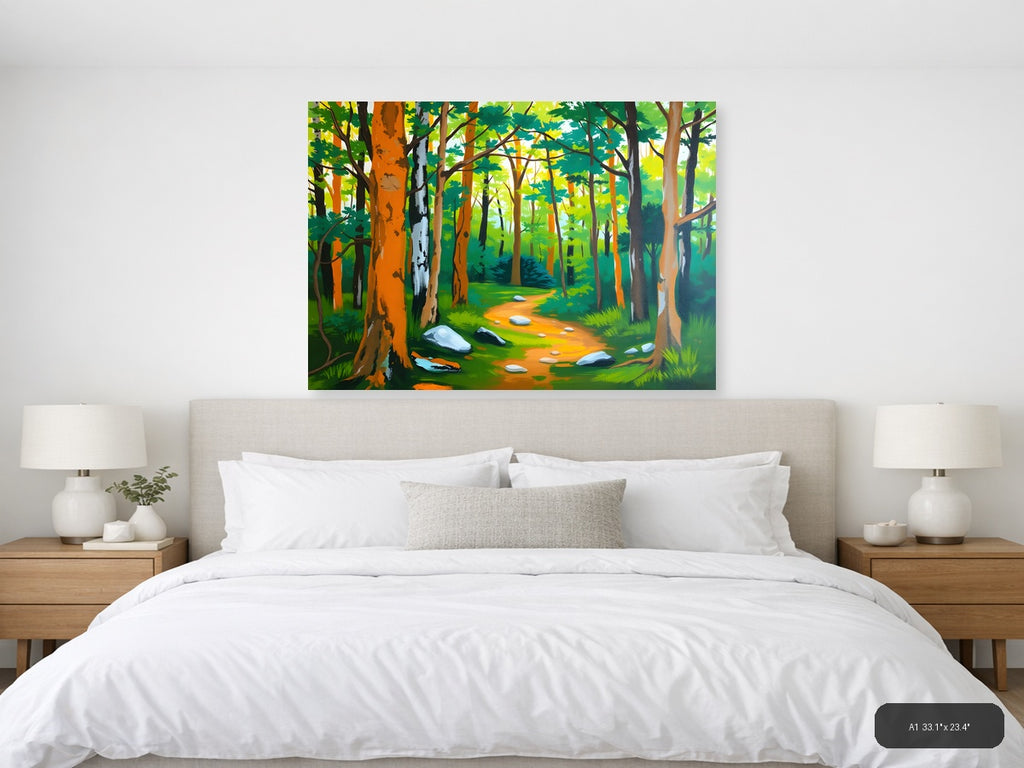 Forest Path Abstract - Vibrant Trees & Stones Wall Art — A1 / Bedroom