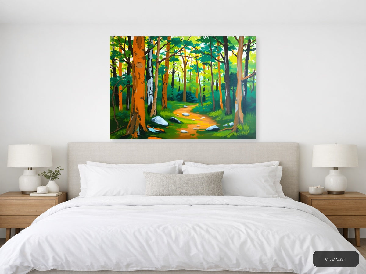 Forest Path Abstract - Vibrant Trees & Stones Wall Art — A1 / Bedroom