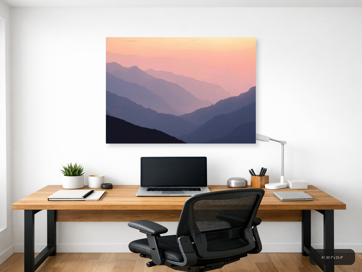 Minimalist Mountain Valley Sunset Pink Sky Wall Art — A1 / Office