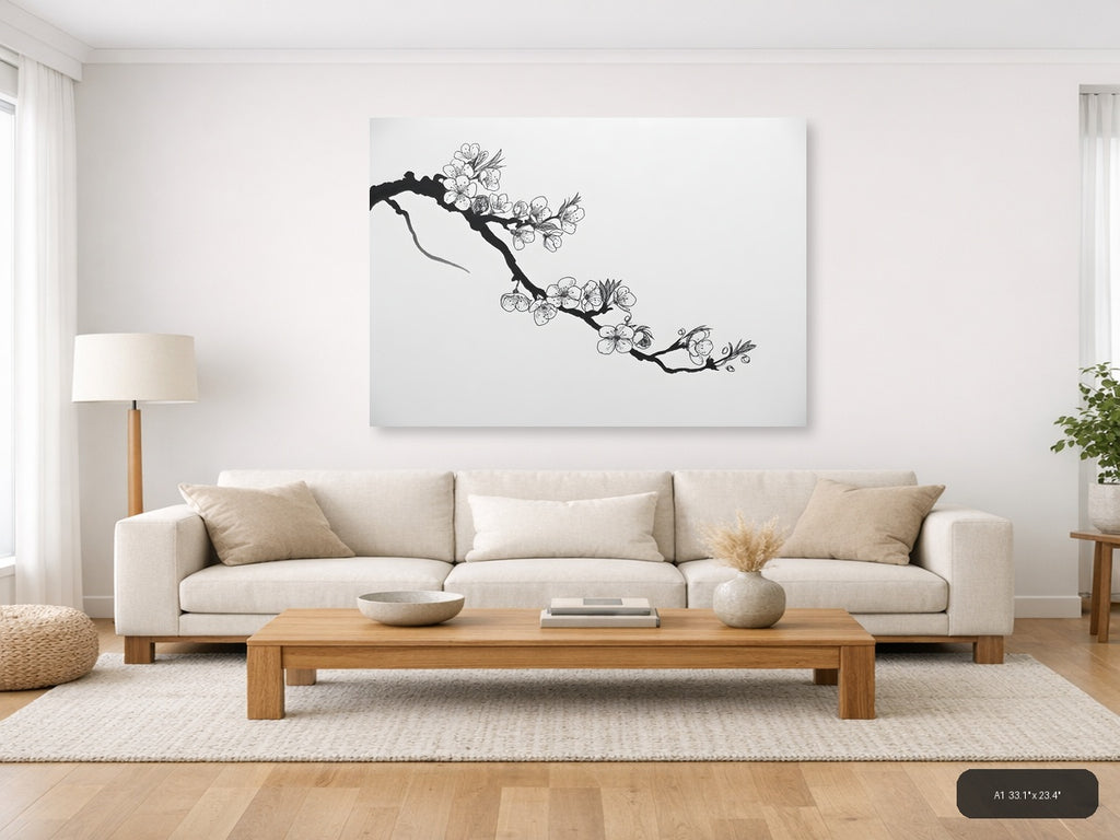 Cherry Blossom Branch Line Art - Minimalist Wall Art — A1 / Living Room