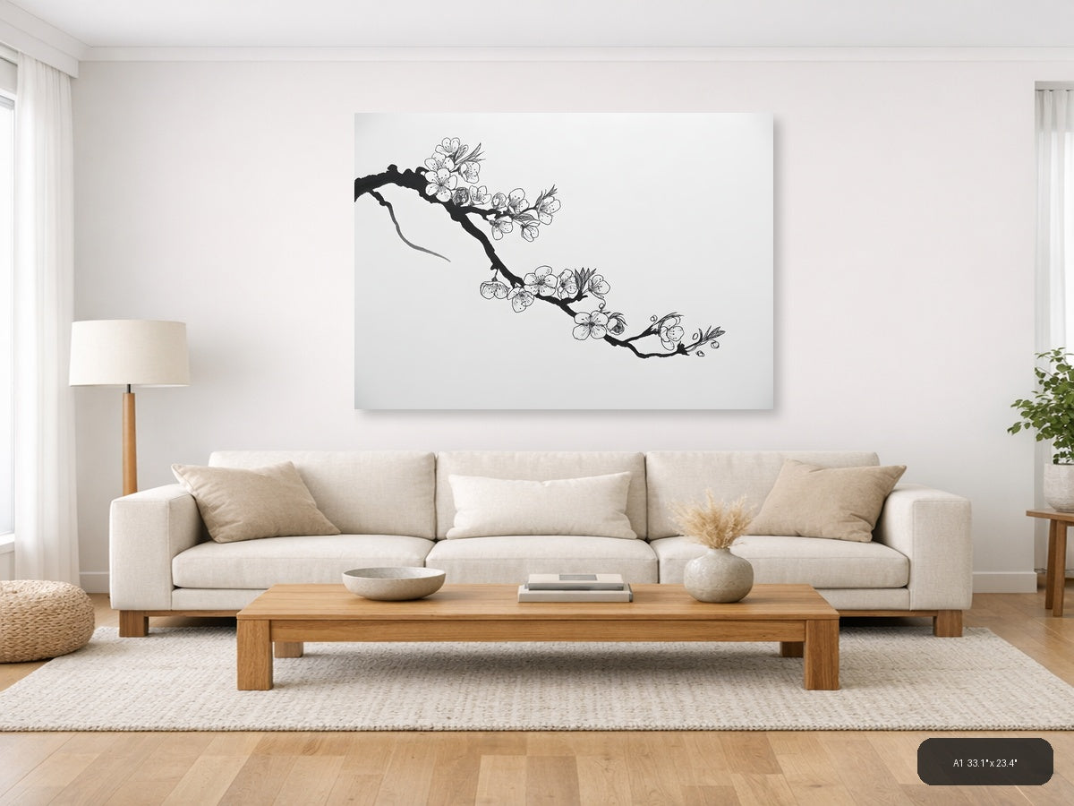 Cherry Blossom Branch Line Art - Minimalist Wall Art — A1 / Living Room