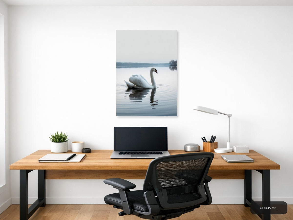 Minimalist White Swan Reflection Lake Wall Art — A1 / Office