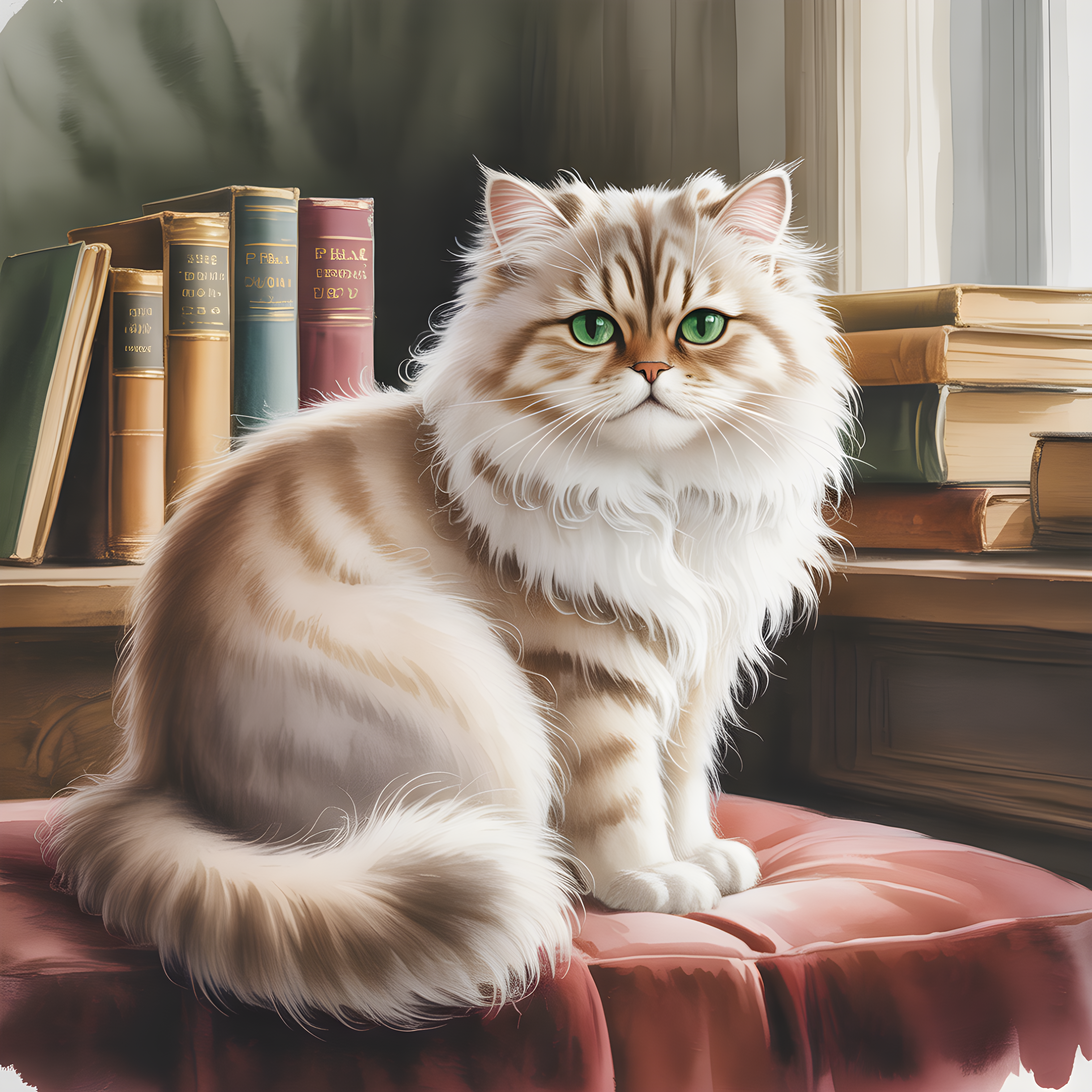 Fluffy White Cat with Green Eyes Watercolor Wall Art