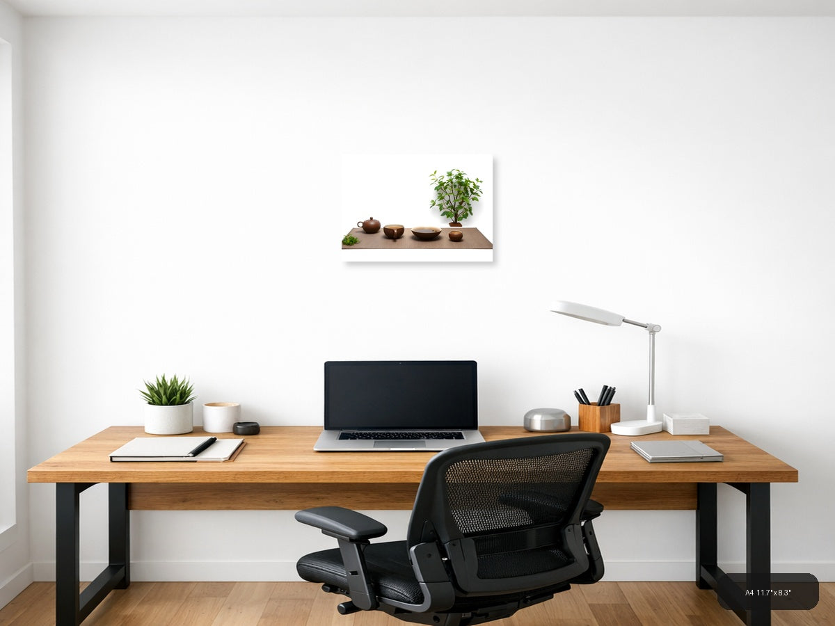 Minimalist Tea Ceremony Setup with Green Plant Wall Art — A4 / Office